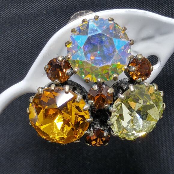 Karu Arke 1950s Austrian Rhinestone Earrings Topaz Aurora Borealis Vintage - Picture 3 of 10